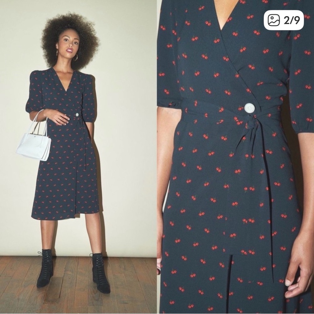 Rouje Navy Blue Midi Wrap Dress with Red Cherry Print